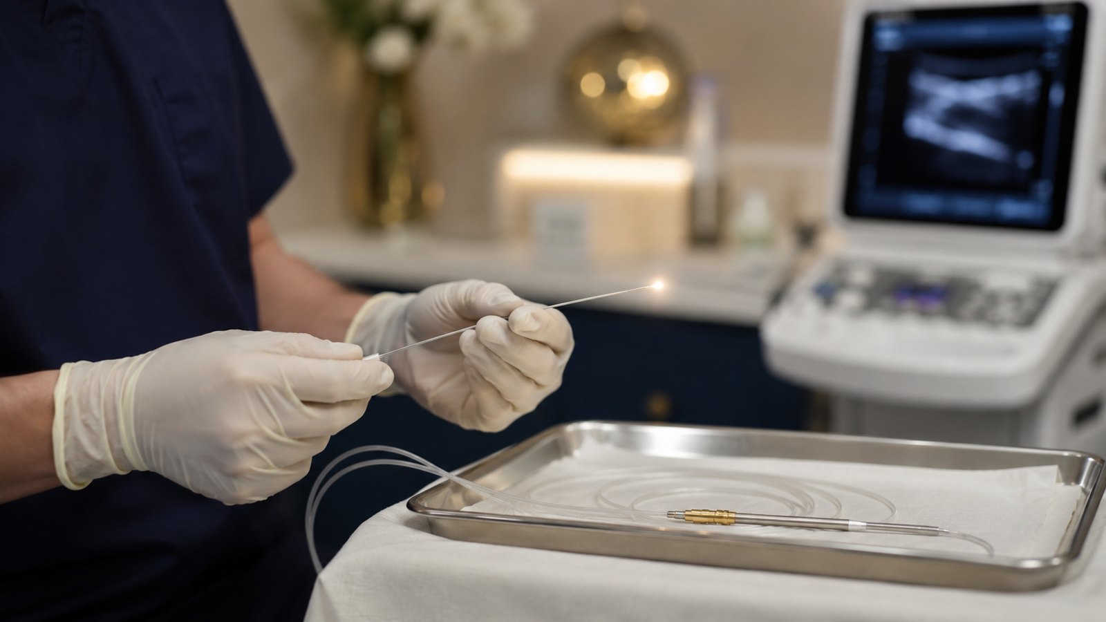 Fibra de laser endovenoso (EVLT) usada no tratamento de varizes a laser em Curitiba, com ultrassom ao fundo