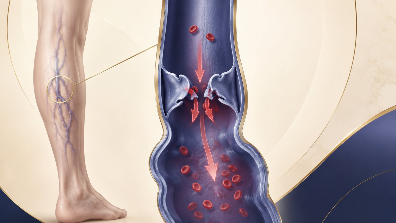 Ilustração da válvula venosa que falha e causa o refluxo do sangue, origem das varizes