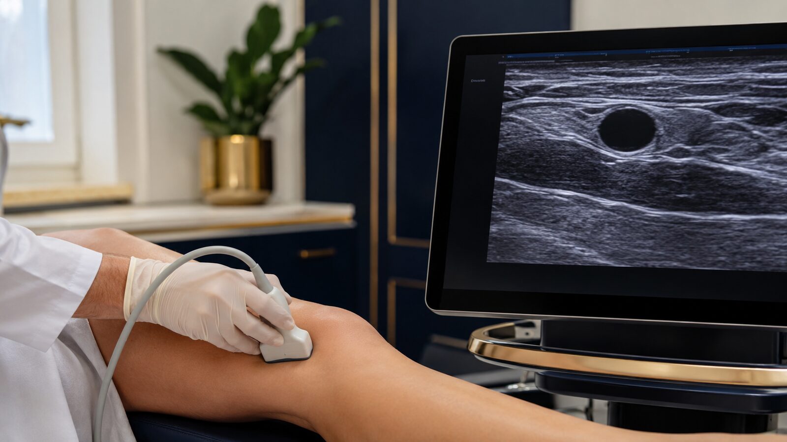 EcoDoppler da veia com transdutor linear na face medial da perna, no Protocolo Nanni em Curitiba